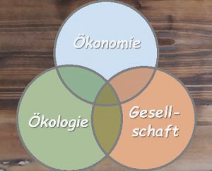 Drei Dimensionen der Nachhaltigkeit: Ökologie, Ökonomie und Gesellschaft.